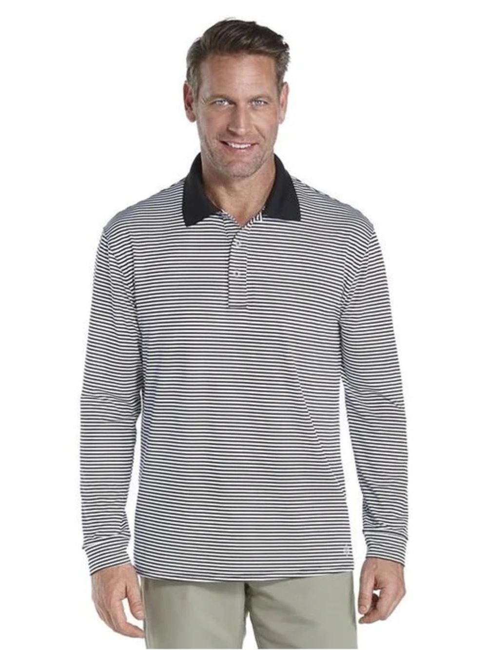Coolibar St Andrews Long Sleeve Golf Polo Sz XL Striped Black & White UPF 50